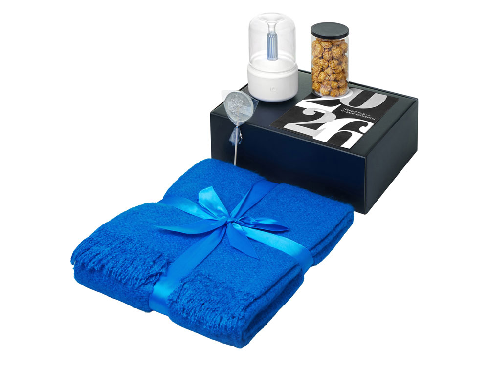 Подарочный набор с пледом, увлажнителем и попкорном, синий-1