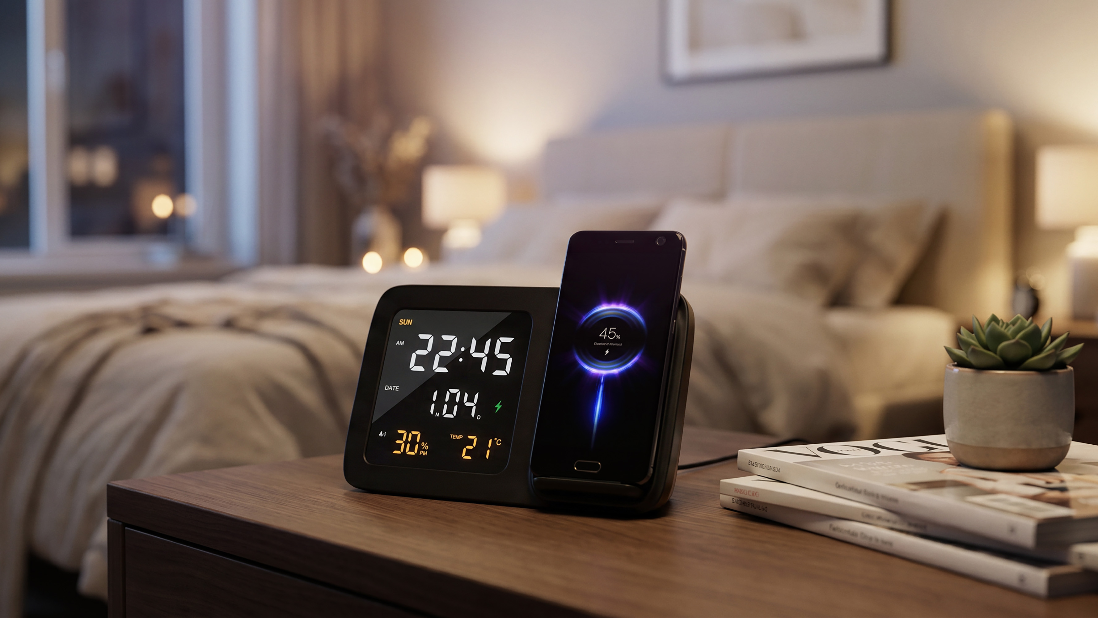 Настольные часы "Smart Screen" с беспроводным (15W) зарядным устройством, гигрометром, термометром, календарём, с подсветкой логотипа-6
