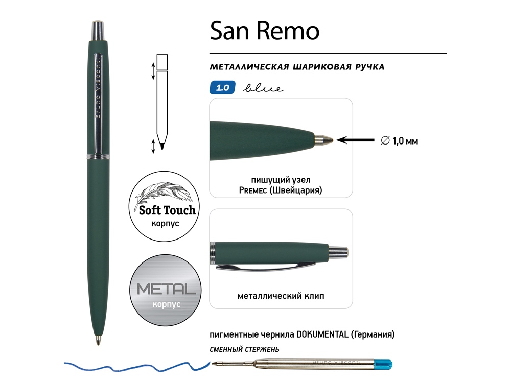 Ручка металлическая шариковая San Remo, софт-тач, 1.0 мм, зеленый-2