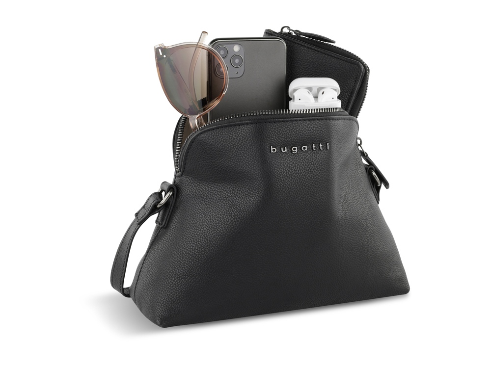 Сумка наплечная женская BUGATTI Bella, чёрная, воловья кожа/полиэстер, 23х8х17 см-8