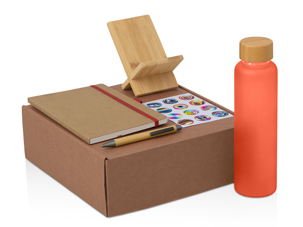 Подарочный набор с бутылкой для воды. блокнотом, ручкой и подставкой для телефона, красный-0