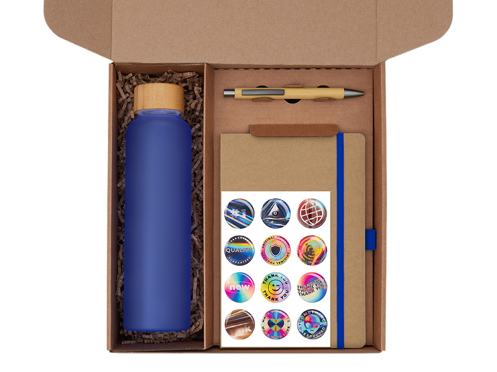 Подарочный набор с бутылкой для воды. блокнотом, ручкой и подставкой для телефона, синий-1