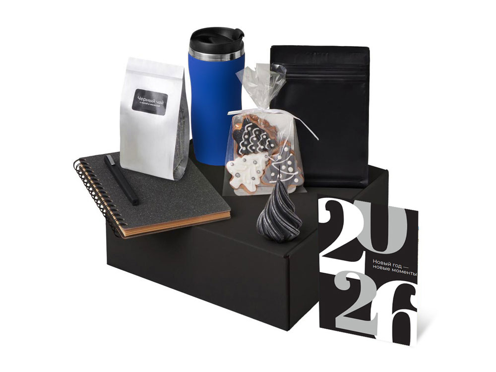 Подарочный набор c термокружкой, чаем, кофе и блокнотом, синий-1