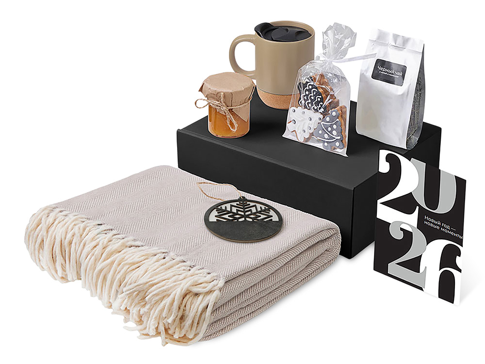 Подарочный набор c пледом, кружкой и вареньем, бежевый-1