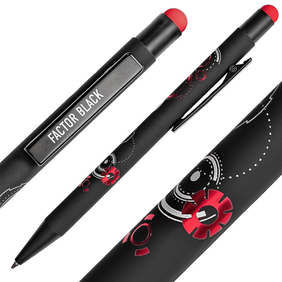 Ручка шариковая FACTOR BLACK со стилусом, черный, красный-1