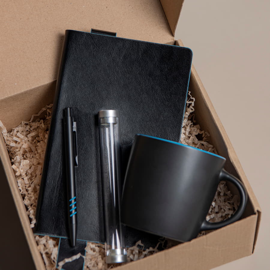 Набор подарочный DESKTOP: кружка, ежедневник, ручка,  стружка, коробка, черный/голубой, черный, голубой-1