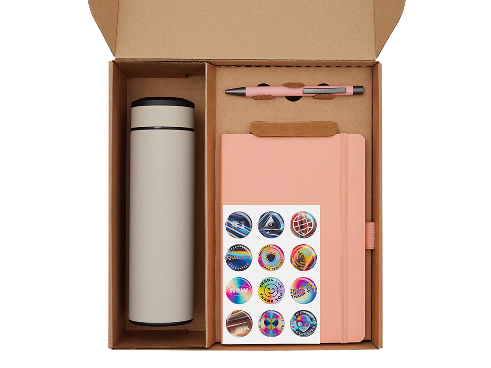 Подарочный набор с термосом, блокнотом, ручкой и чаем, розовый-1