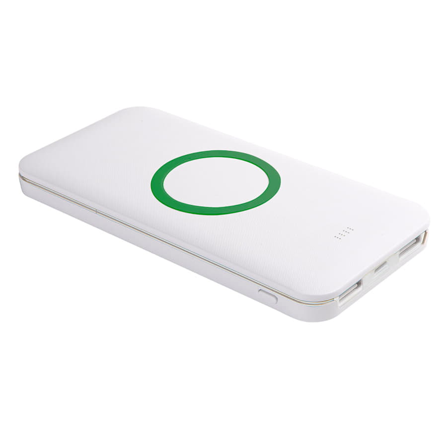 Универсальный аккумулятор с функцией беспроводной зарядки SATURN,белый с зеленым,15х7,3х1,2с, белый, зеленый-1