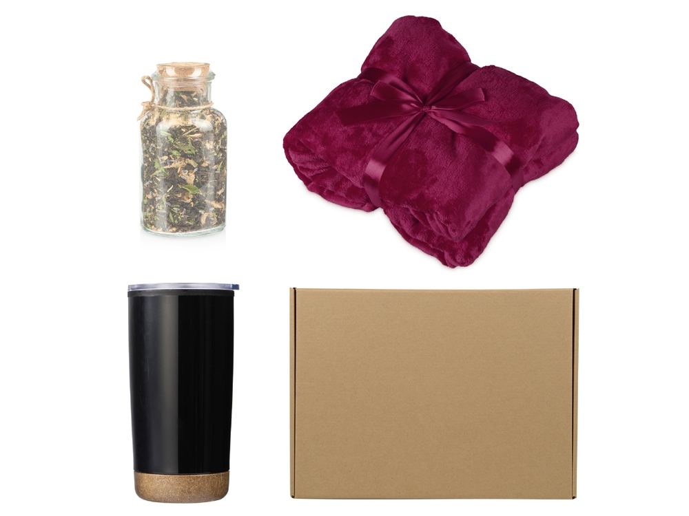 Подарочный набор с пледом, термокружкой и чаем, бордовый-0