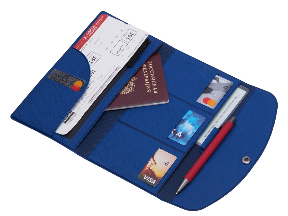Органайзер для документов на кнопке с отделением для купюр и ручки, упаковка в индивидуальный пакет, синий/темно-синий-1