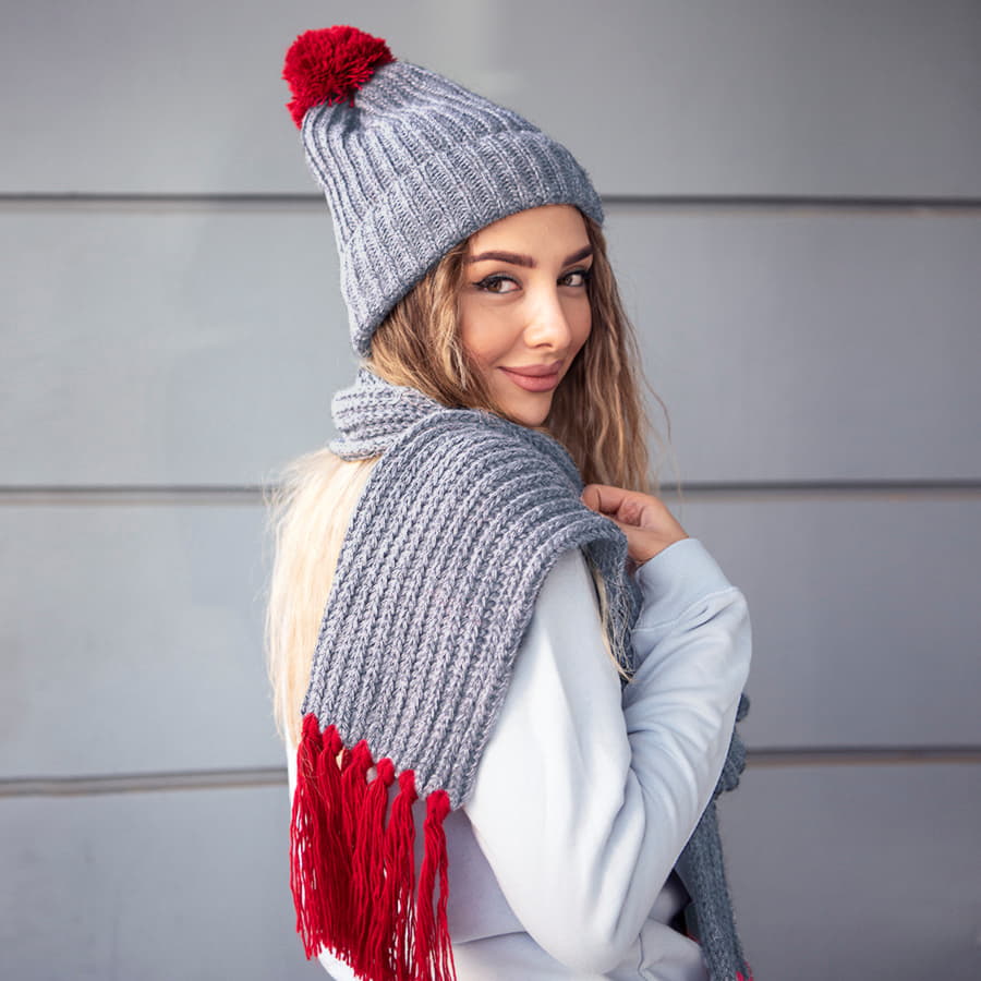 Шапка и шарф GoSnow с ярким помпоном и кисточками, красный-6