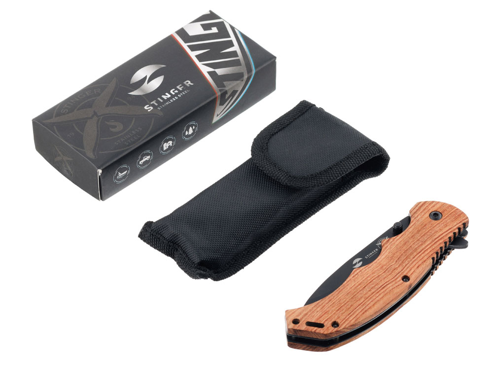 Нож складной Stinger, 120 мм, (чёрный), материал рукояти: дерево/сталь (коричневый)-4