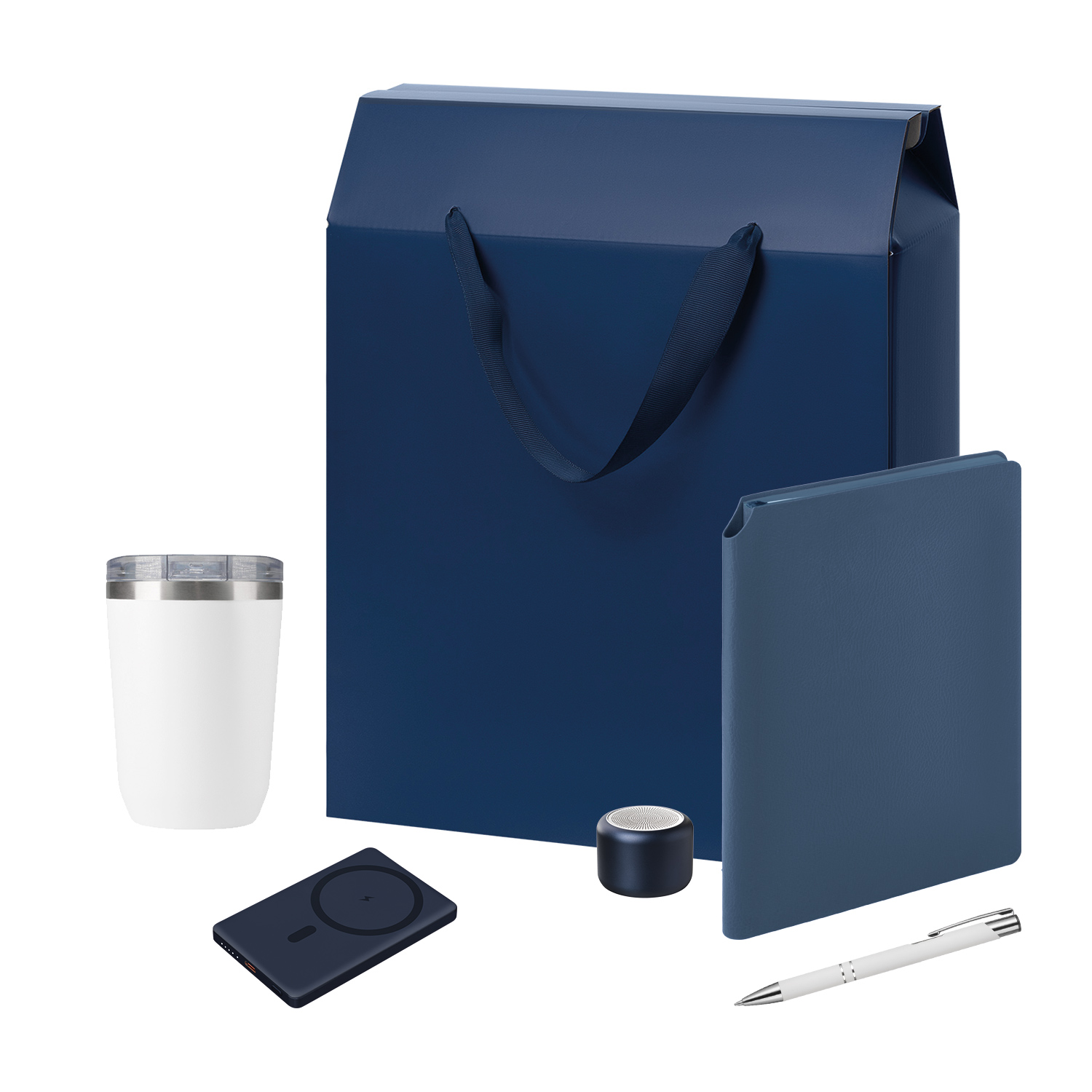 Подарочный набор Велком Пак Премиум (Welcome Pack Premium), синий (термокружка, колонка, ежедневник, ручка, ЗУ, коробка-пакет)-0