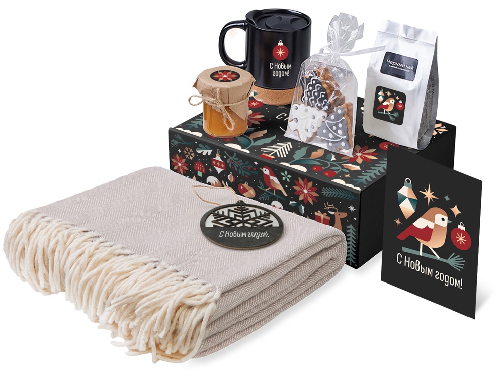 Подарочный набор c пледом, кружкой и вареньем, черный-0