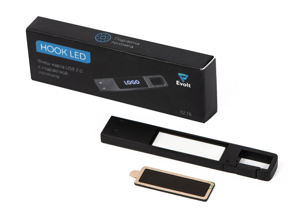 USB 2.0- флешка на 32 Гб c подсветкой логотипа Hook LED, темно-серый, синяя подсветка-8