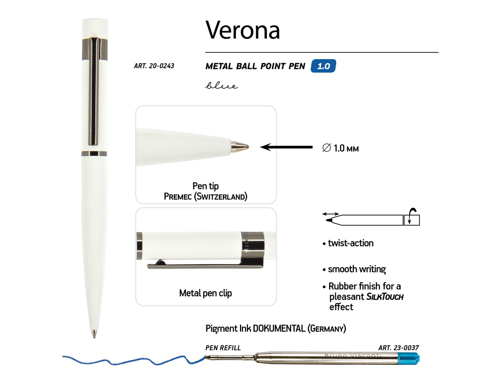 Ручка Verona шариковая автоматическая, белый металлический корпус, 1.0 мм, синяя-2