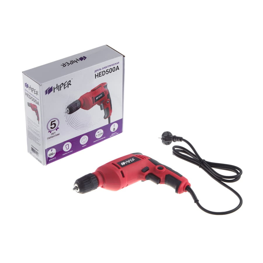 Дрель безударная HIPER HED500A, в коробке, 500Вт, красный-3