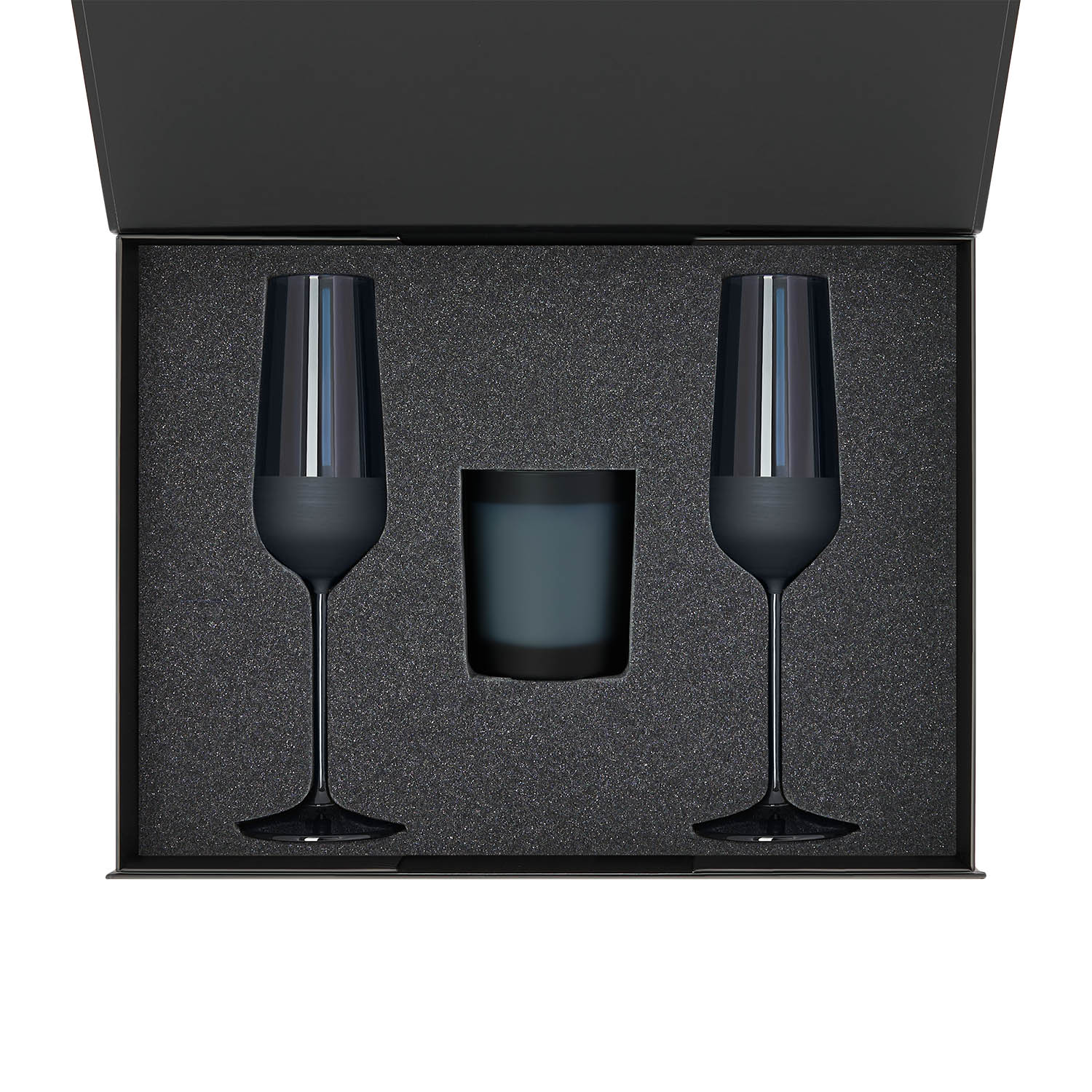 Подарочный набор свеча Энигма (Enigma) + 2 бокала для шампанского Сапфир (Sapphire) в черной коробке-1