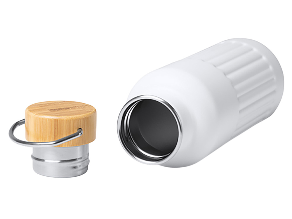 Термобутылка Нобук из переработанной нержавеющей стали, с бамбуковой крышкой, белый-1
