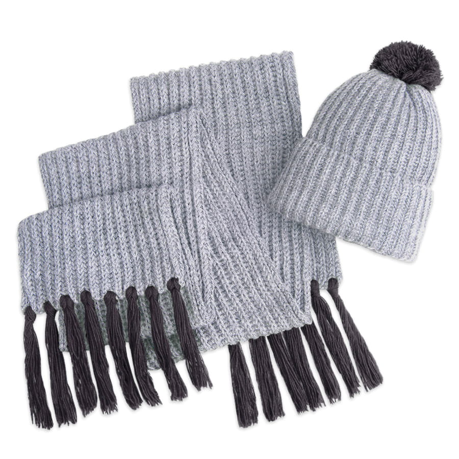 Шапка и шарф GoSnow с ярким пoмпоном и кисточками, серый-1