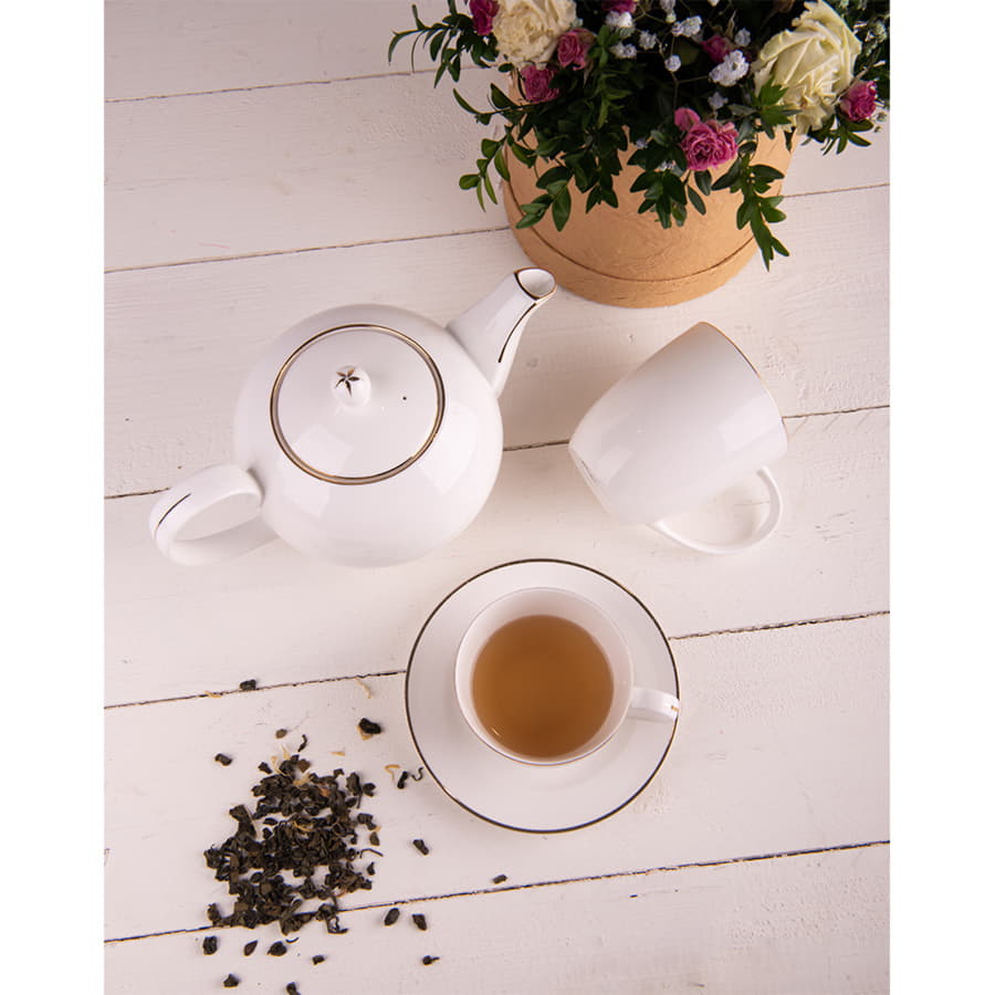 Чайник и две чайных пары GOLD в упаковке, 250мл и 1200мл, костяной фарфор, белый-1