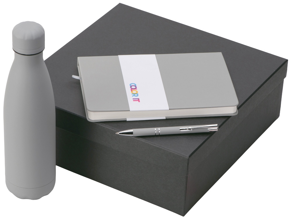 Подарочный набор с блокнотом С2, металлической ручкой и термобутылкой, серый-0