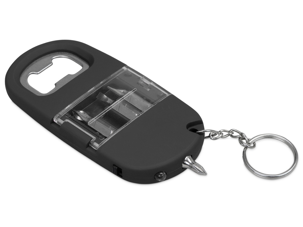 Брелок-открывалка с отвертками и фонариком Uni, софт-тач, черный-2