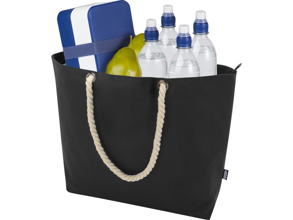 Panama пляжная эко-сумка-холодильник из переработанного материала, с ручками-шнурками 23L, сплошной черный-4