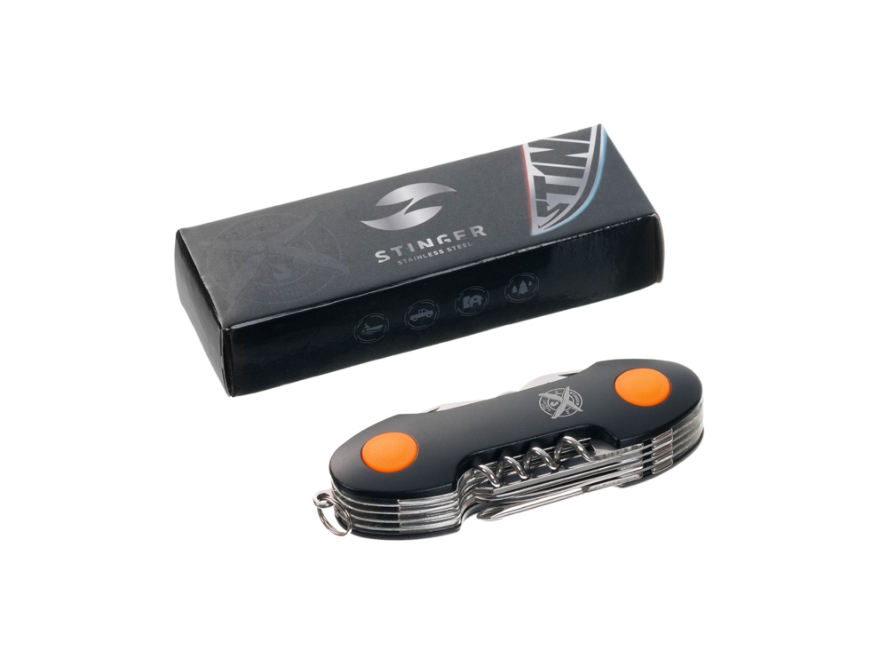 Нож перочинный Stinger, 96 мм, 15 функций, материал рукояти: алюминий, PP (черный/оранжевый)-8