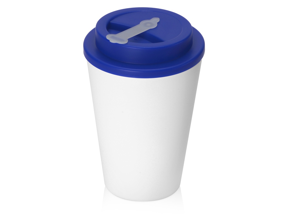 Пластиковый стакан Take away с двойными стенками и крышкой с силиконовым клапаном, 350 мл, белый/синий-0