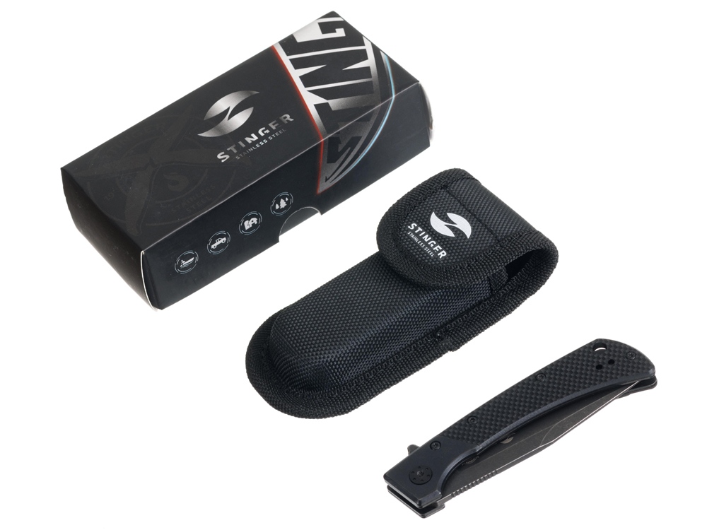 Нож складной Stinger, 102 мм, (черный), материал рукояти: нержавеющая сталь, стеклотекстолит G10-4