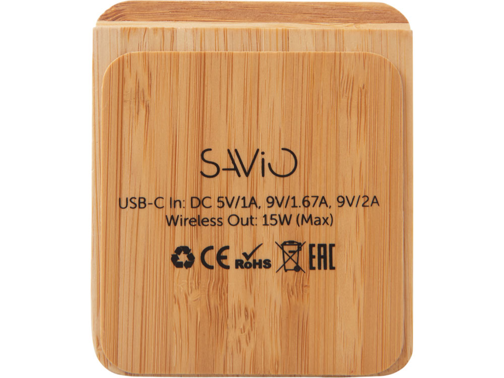 Беспроводное зарядное устройство 2-в-1 с подсветкой лого Reedia S4, 15 Вт, бамбук, черный-4
