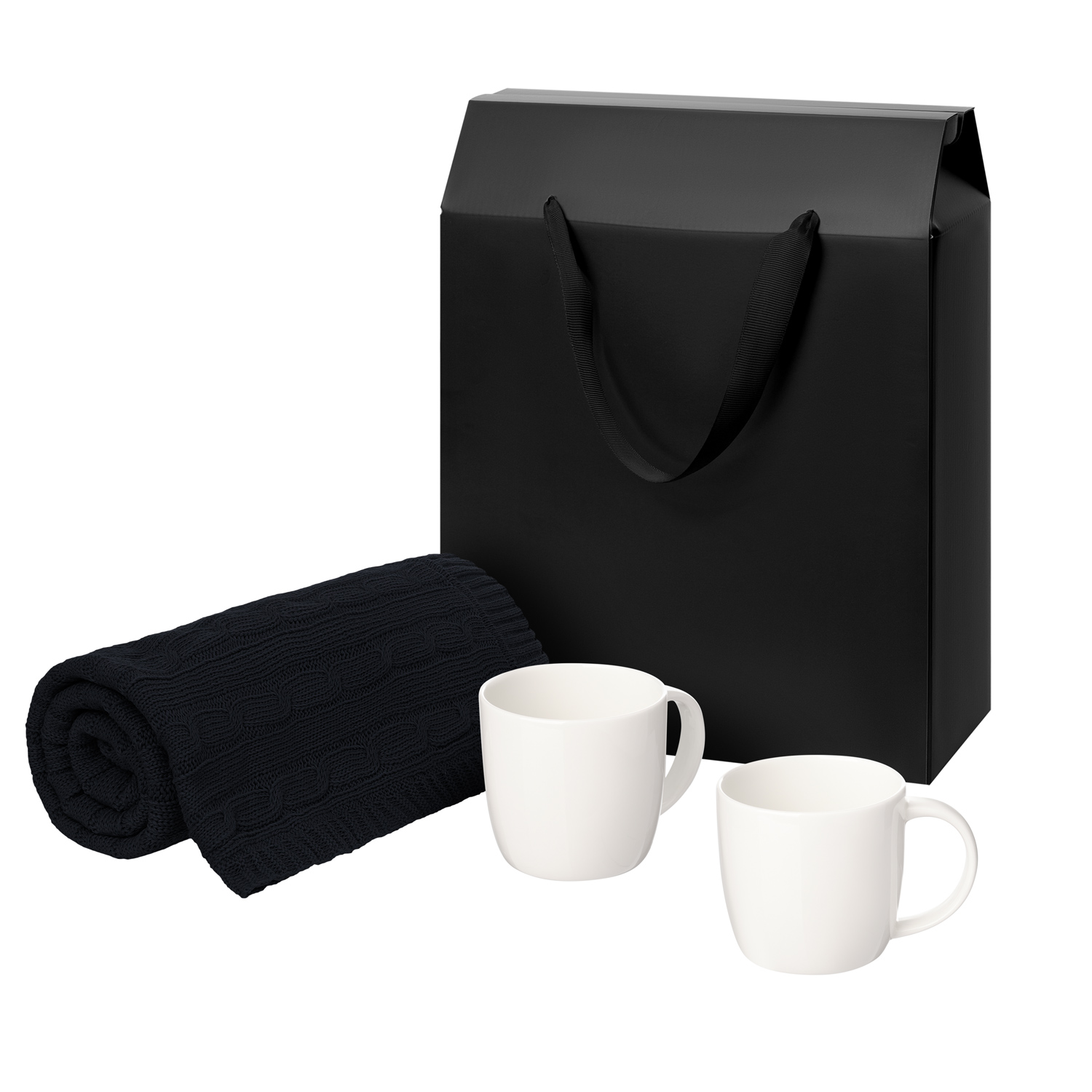 Подарочный набор Дафна (Dafna), Фадо (Fado), темно-сиий в черной коробке-пакете (две фарфоровых кружки, плед)-0