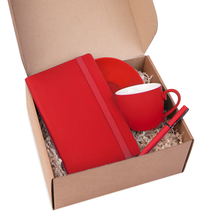 Подарочный набор T-TIME: бизнес-блокнот, чайная пара, ручка шариковая, коробка и стружка, красный, красный-1