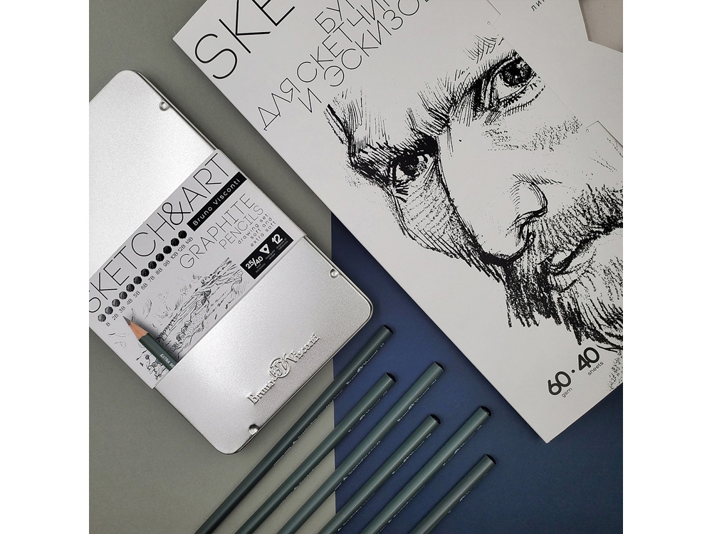 Набор чернографитовых карандашей  Sketch & Art ,12 шт. b-14b,  металлическая коробка с ложементом-3