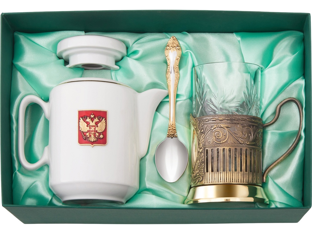 Чайный набор с подстаканником и фарфоровым чайником ЭГОИСТ-Л, золотистый/белый-1