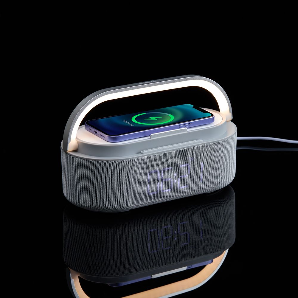 Колонка с часами и беспроводной зарядкой Veske ver.2, серая-4