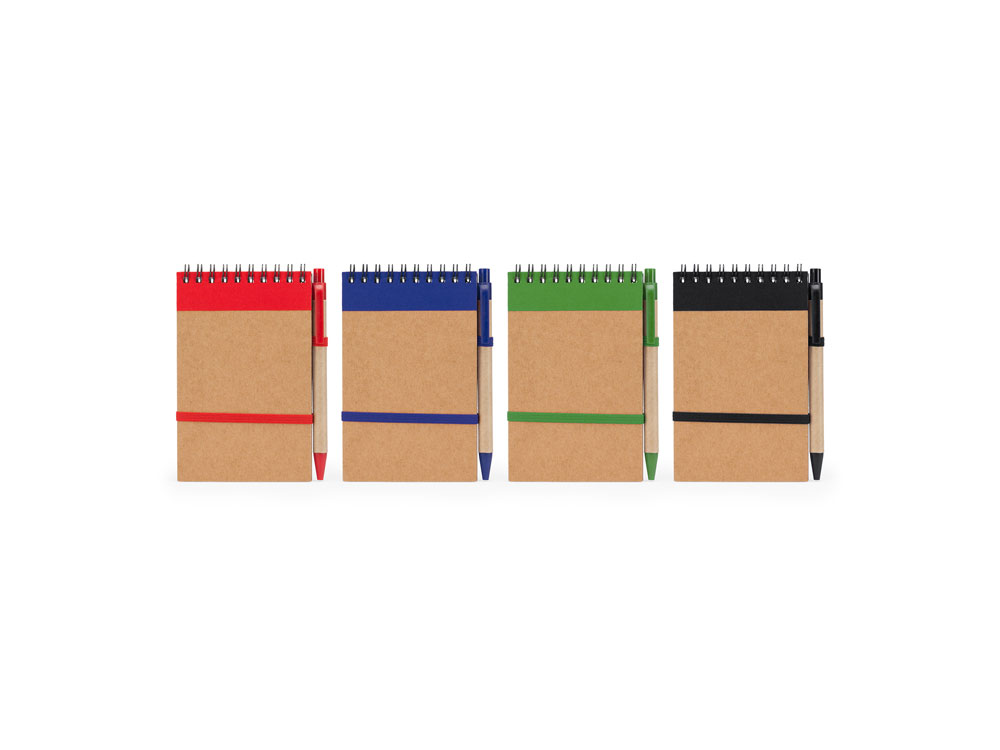 Блокнот LIEN с шариковой ручкой из переработанного картона, крафт/красный-3