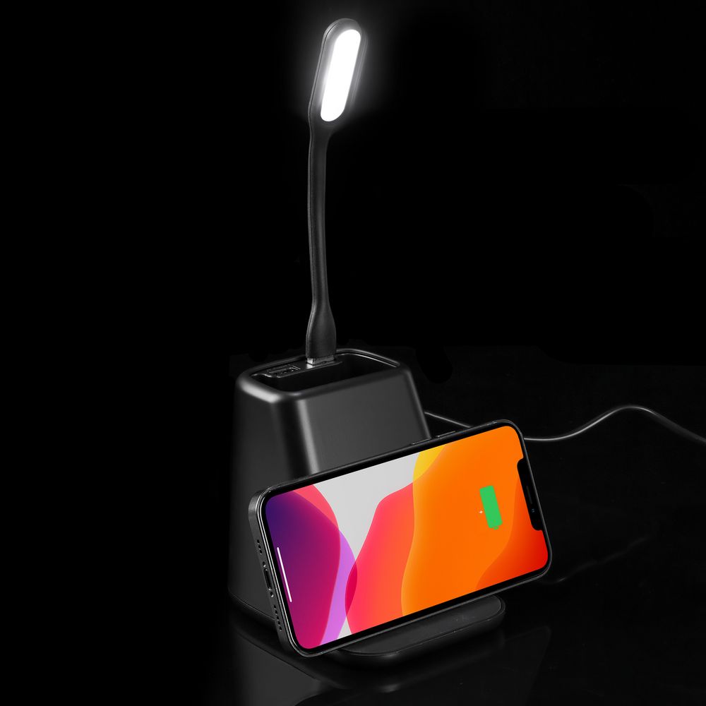 Настольный органайзер с зарядкой, лампой, вентилятором и подсветкой логотипа powerTower, черный-4