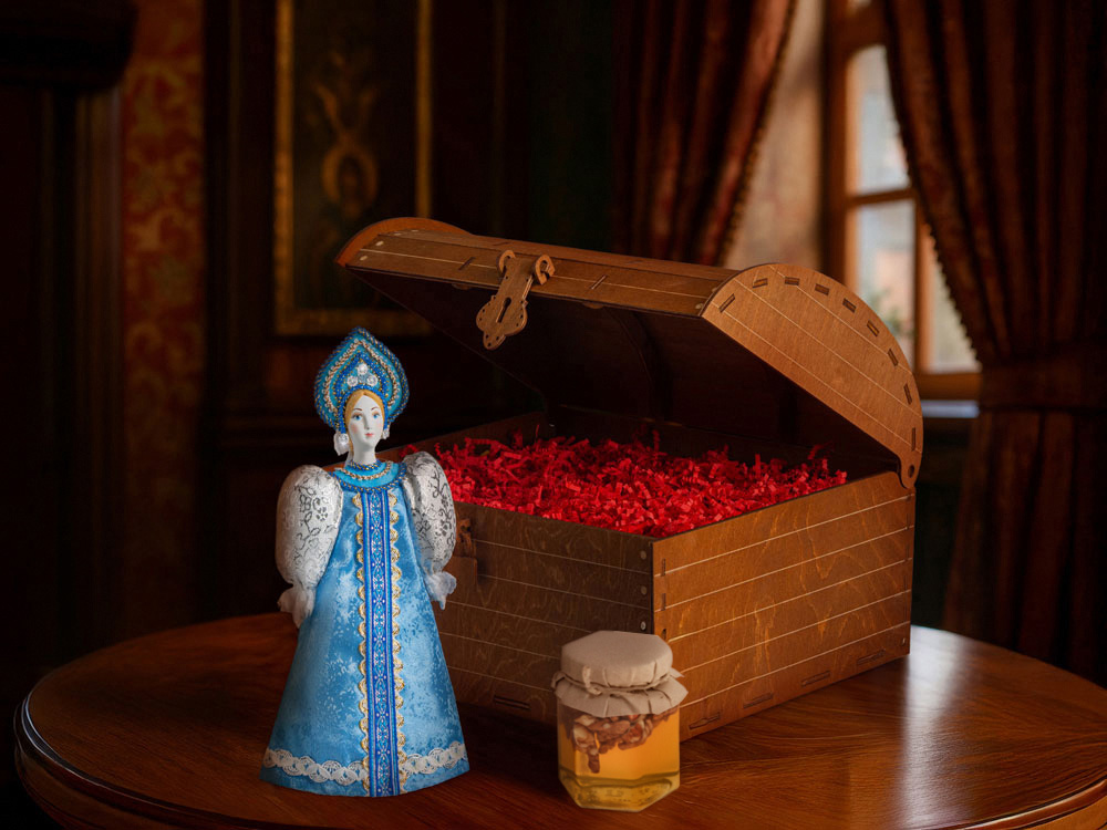 Подарочный набор: кукла фарфоровая, мед, голубой-1