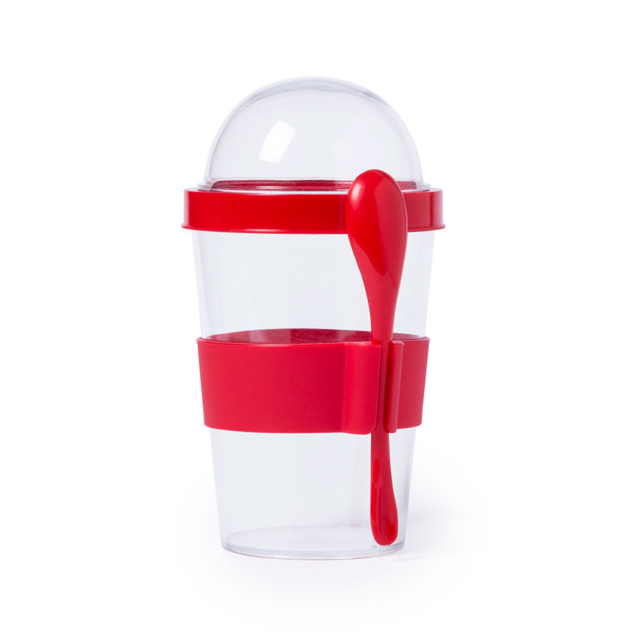 Контейнер для еды YOPLAT с ложкой, пластик, красный-0