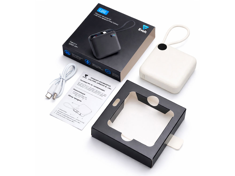 Внешний аккумулятор со встроенным кабелем Liri, QC/PD, 10000 мАч, теплый белый-9