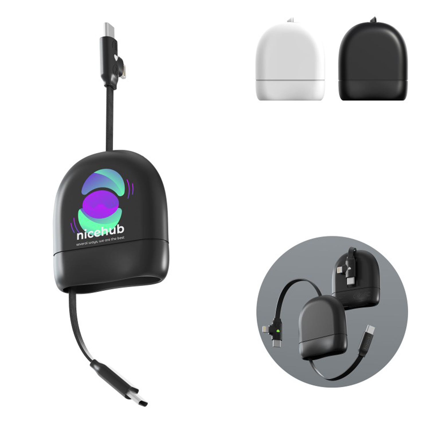 Кабель Xoopar ICE-R с ретрактором 2 в 1, разъёмы USB-C и Lightning, 60 Вт, черный-4