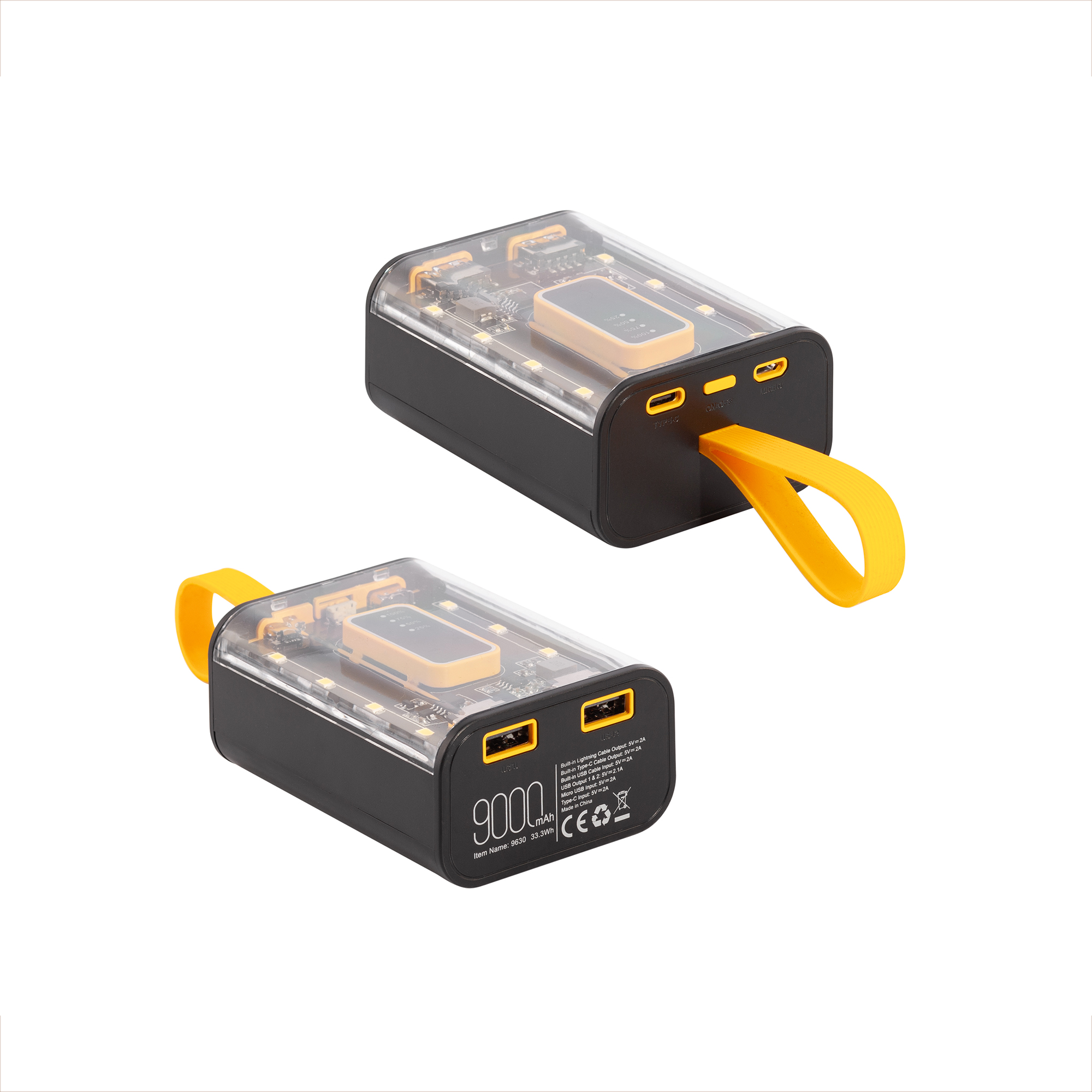 Зарядное устройство "Shine" 9000 mAh с LED-подсветкой, встроенными кабелями Type-C/Lightning/USB-5