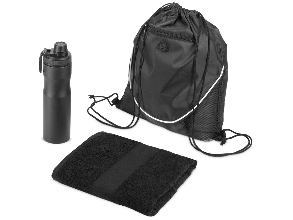 Спортивный набор со стальной бутылкой и полотенцем Advanced, черный-0