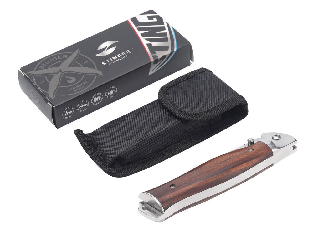 Нож складной Stinger, 106 мм, (серебристый), материал рукояти: сталь/дерево (серебристо-коричневый)-4