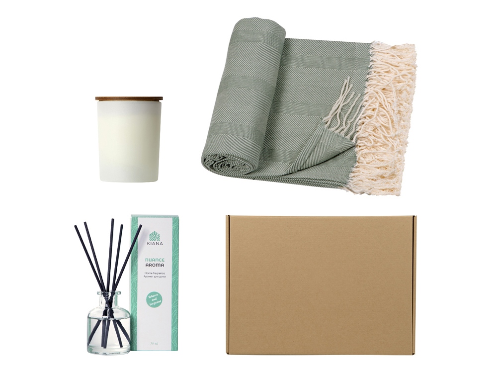 Подарочный набор с пледом, свечой и диффузором, оливковый-0