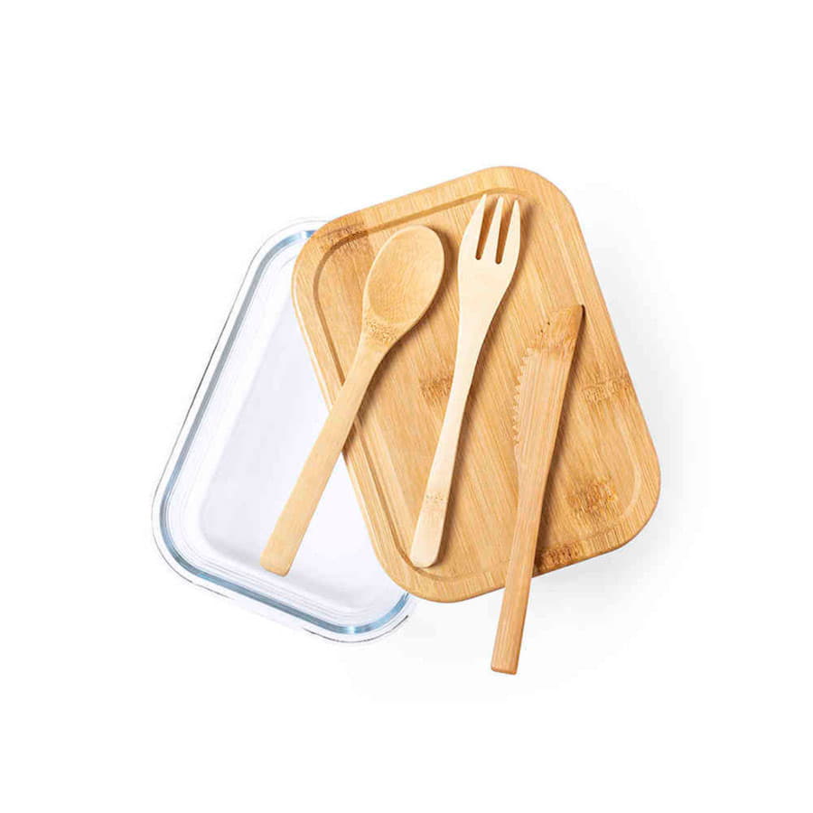 Ланч-бокс BEJAR, ложка, вилка нож в комплекте, стекло/бамбук, прозрачный-5