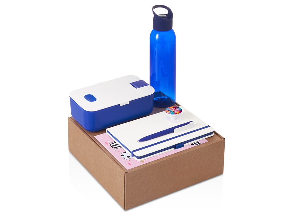 Подарочный набор с бутылкой для воды. блокнотом, ручкой и ланчбоксом,синий-0