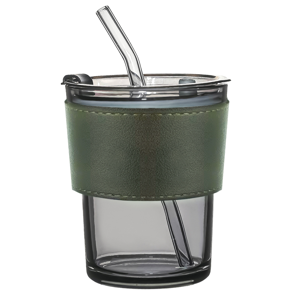 Стакан стеклянный с трубочкой и капхолдером Karamel, Зелёный-0